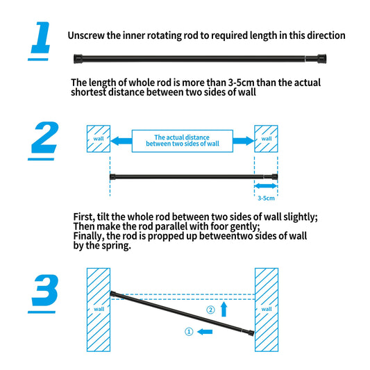 1Piece Curtain Rod No Drill Shower Rod Extendable Clothes Rod for Window, Closet, Bathroom 62-85CM Black (diameter 25mm)