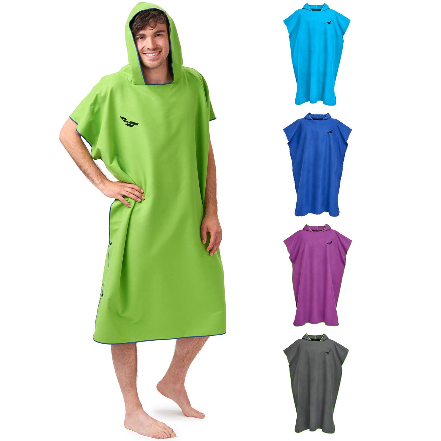 Fit-Flip Beach Poncho for surfers - quick-drying microfiber towel poncho - changing aid for beach - ultralight surf ponchos - adult bath poncho (size M, green/dark blue)