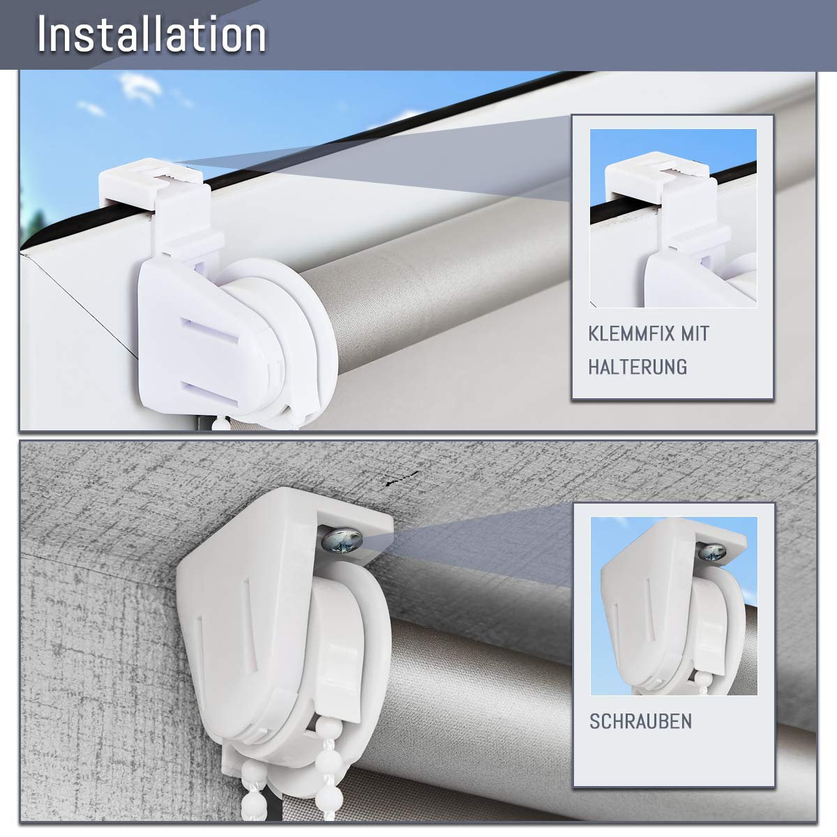 Blackout roller blind without drilling & with drilling, Roller blind blackout White 60x160cm (fabric width 55cm) for window interior wall mounting, ceiling mounting window blind side-rolling clamp roller blind