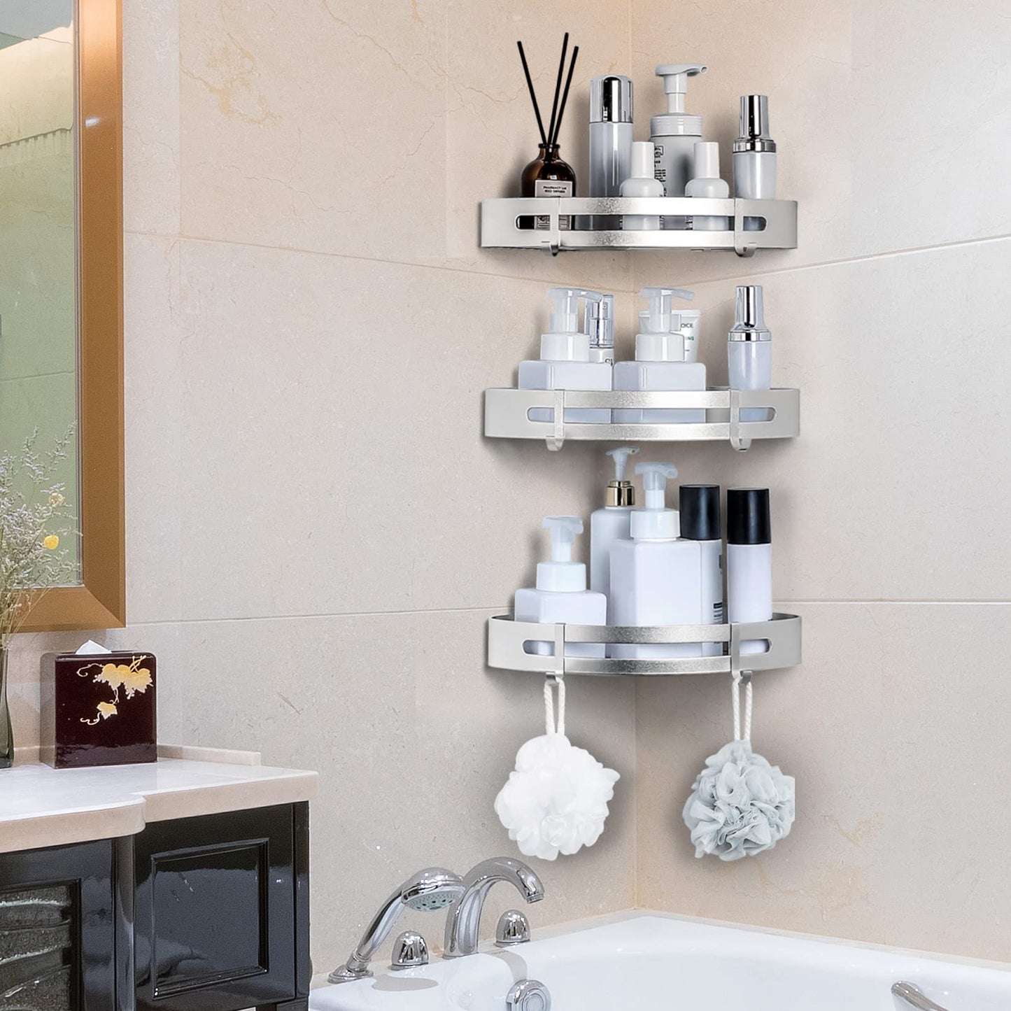 Yorbay shower shelf without drilling with mounting material, shower corner shelf without drilling, triangle bathroom shelf made of aluminum with hooks, bathroom shelf 3 piece set.