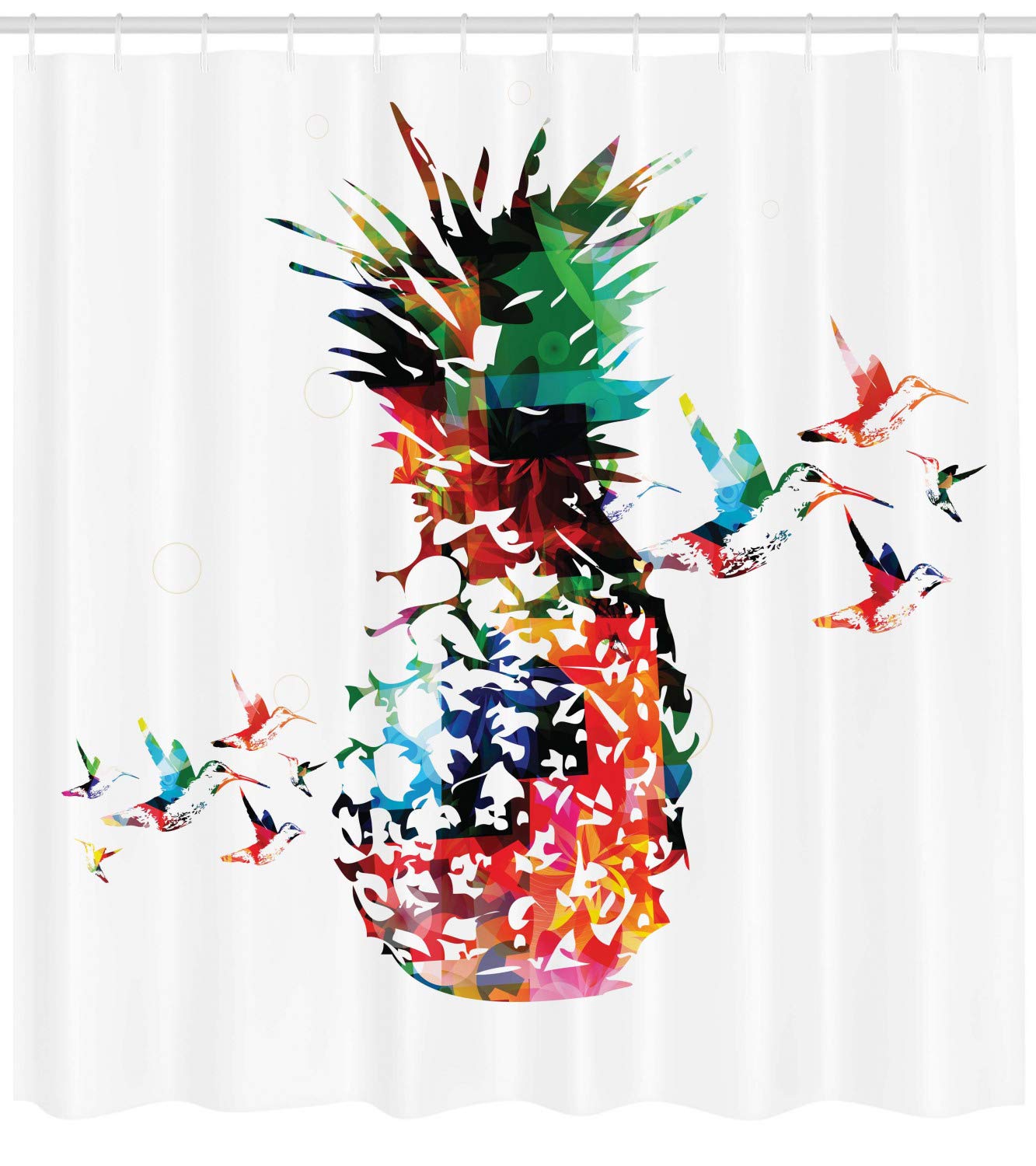ABAKUHAUS Pineapple Shower Curtain, Modern Geometric Art, Fabric Bathroom Decor Set with Hooks, 175 x 240 cm, White Green Red
