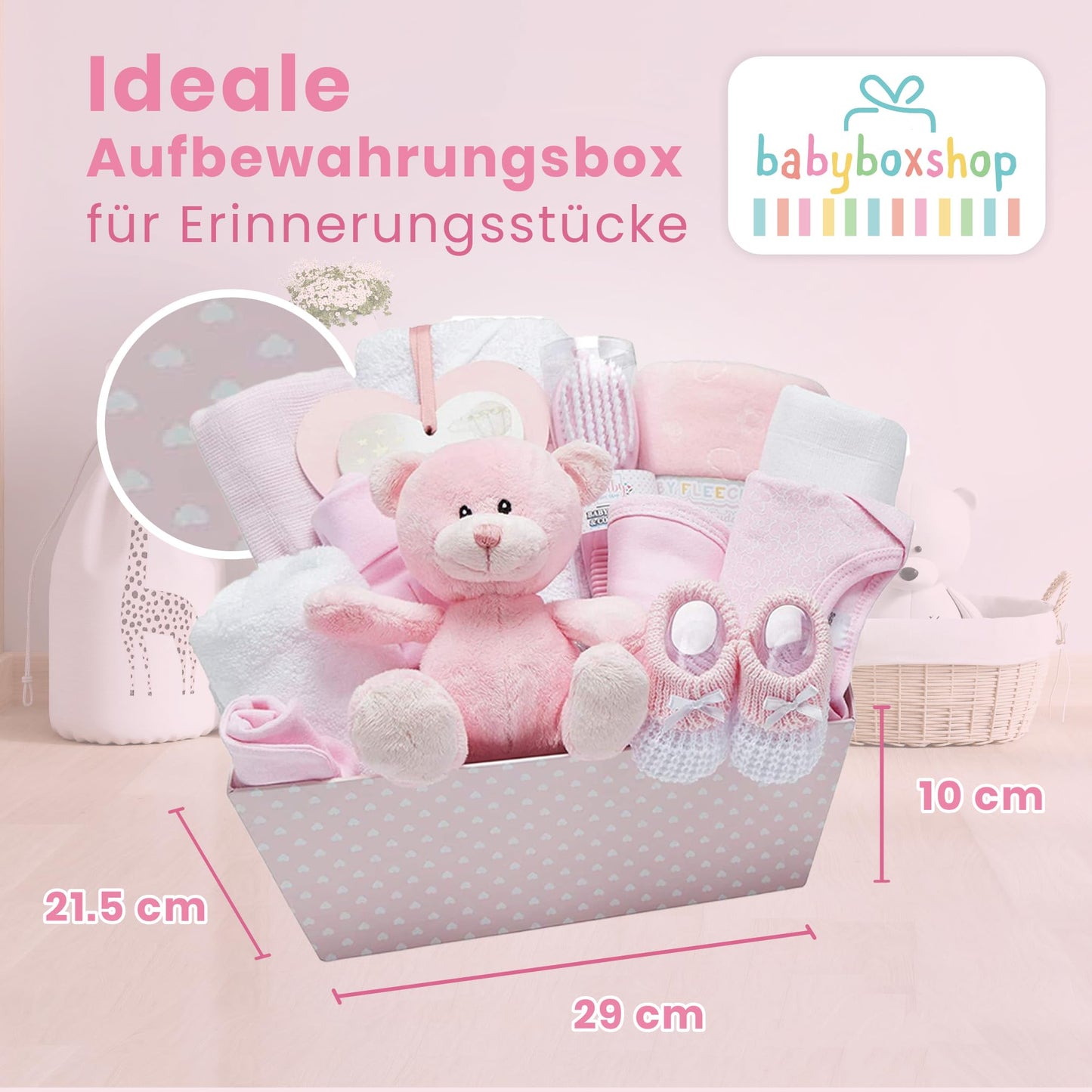 Baby gift set and memory box - Pink, Hand-wrapped gift for baby girl - with teddy bear, baby shoes, onesie, bib, hat, blanket, hooded towel, hanging sign.