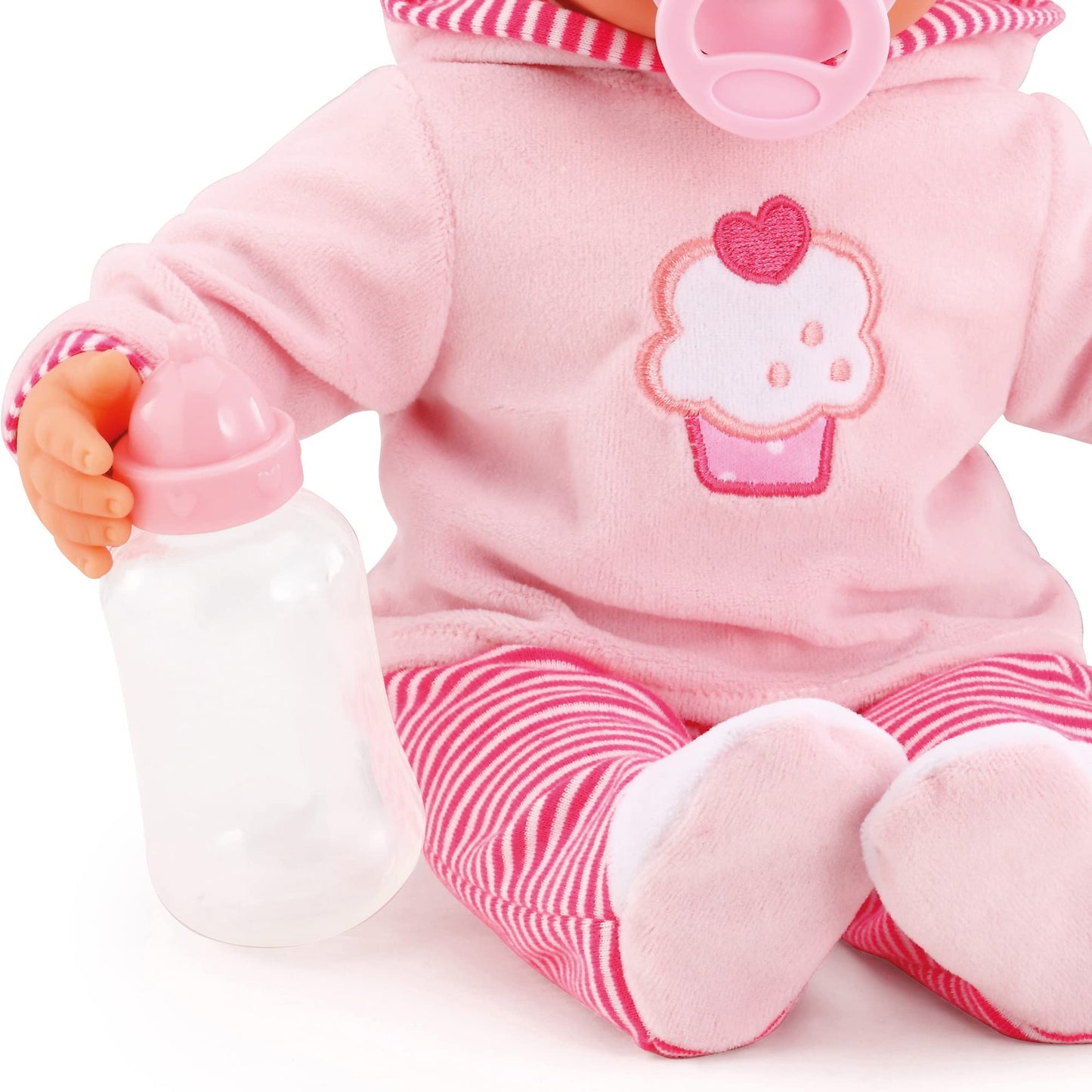 Baby doll First Words with sleeping eyes, speaks 24 baby sounds, comes with pacifier and bottle, 38 cm, pink/stripes.