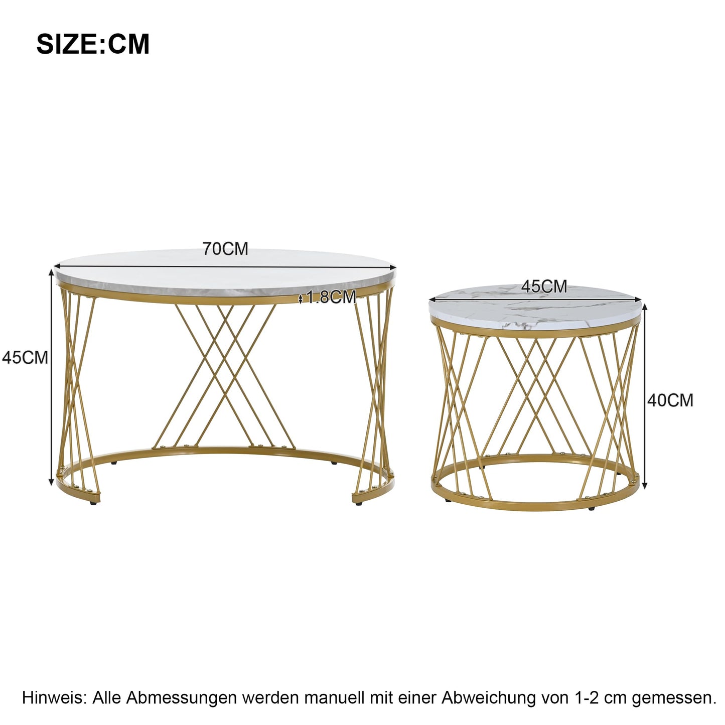 Modern Round Coffee Table Set of 2, Side Table Set, Coffee Table Set Marble Veneer Sofa Side Nest of Tables Round End Tables, Set of Tables for Living Room Bedroom, Gold Frame (White + Gray)