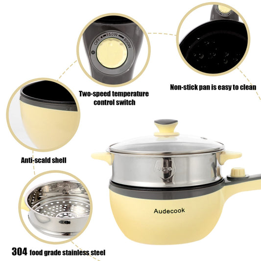 Audecook Electric Hot Pot with Steamer, 1.5 L/20cm Electric Frying Pan Hotpot Pot Non-stick Mini Electric Skillet, Multicooker for Dorm Ramen, Steak (B (yellow/1.5l with steamer))