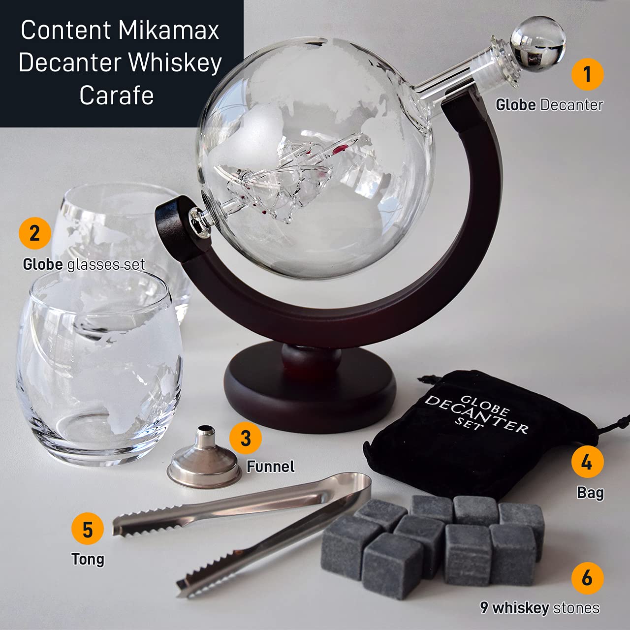 MikaMax Whiskey Decanter Globe Set - Whisky Globe Decanter Set, Including Whiskey Glasses and Whiskey Stones - Whiskey Gift Set, Gifts for Men