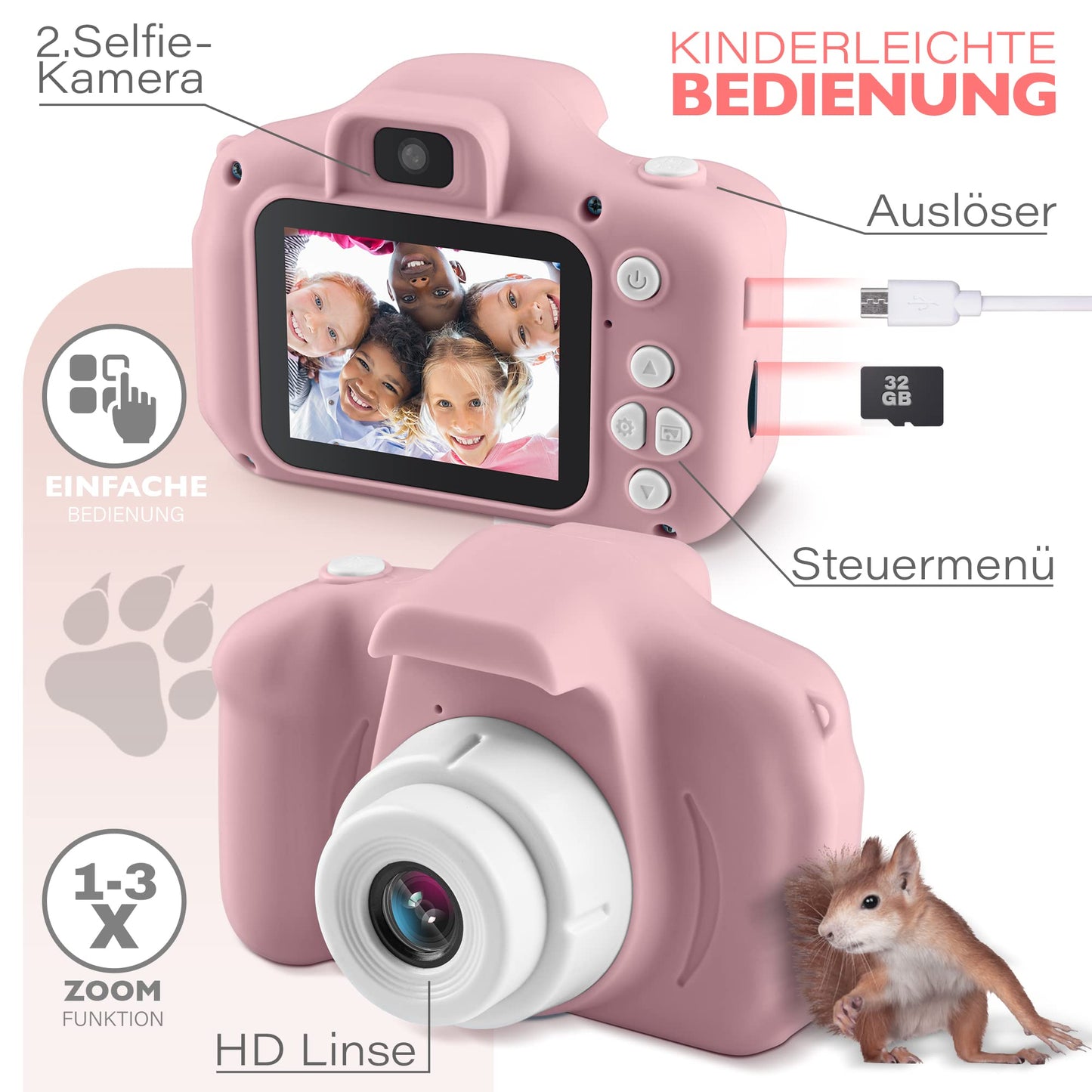 Lion Toys Kids Camera Pink | Photo camera with 32GB memory card, silicone protective case & fun effects | 18 megapixels | rechargeable | Easy operation for 3-12 years.