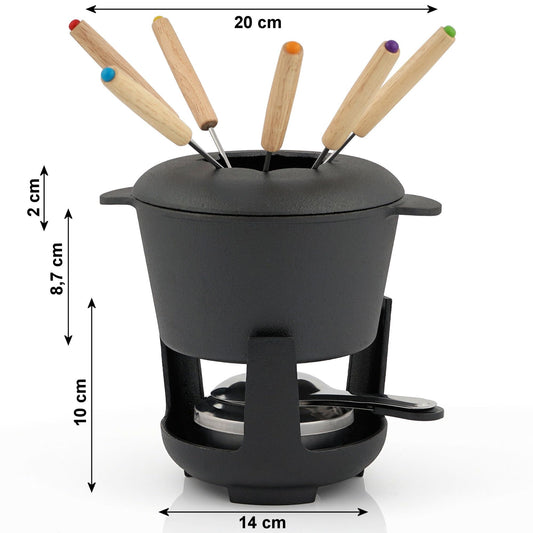 BBQ-Toro cast iron fondue set for 6 people | 1 liter | 13-piece fondue set with burner and forks | Fondue set, cheese fondue set, meat fondue set, chocolate fondue set (pre-seasoned black)
