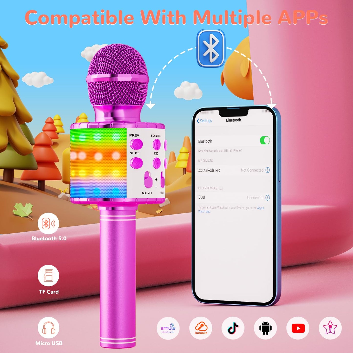 Magic Sing LED Karaoke Microphone for Kids, Wireless Bluetooth Toy for ages 3-12 Girls Gift KTV Speaker with Voice Changer, Home KTV Karaoke Machine for Android, iOS, PC (Purple)