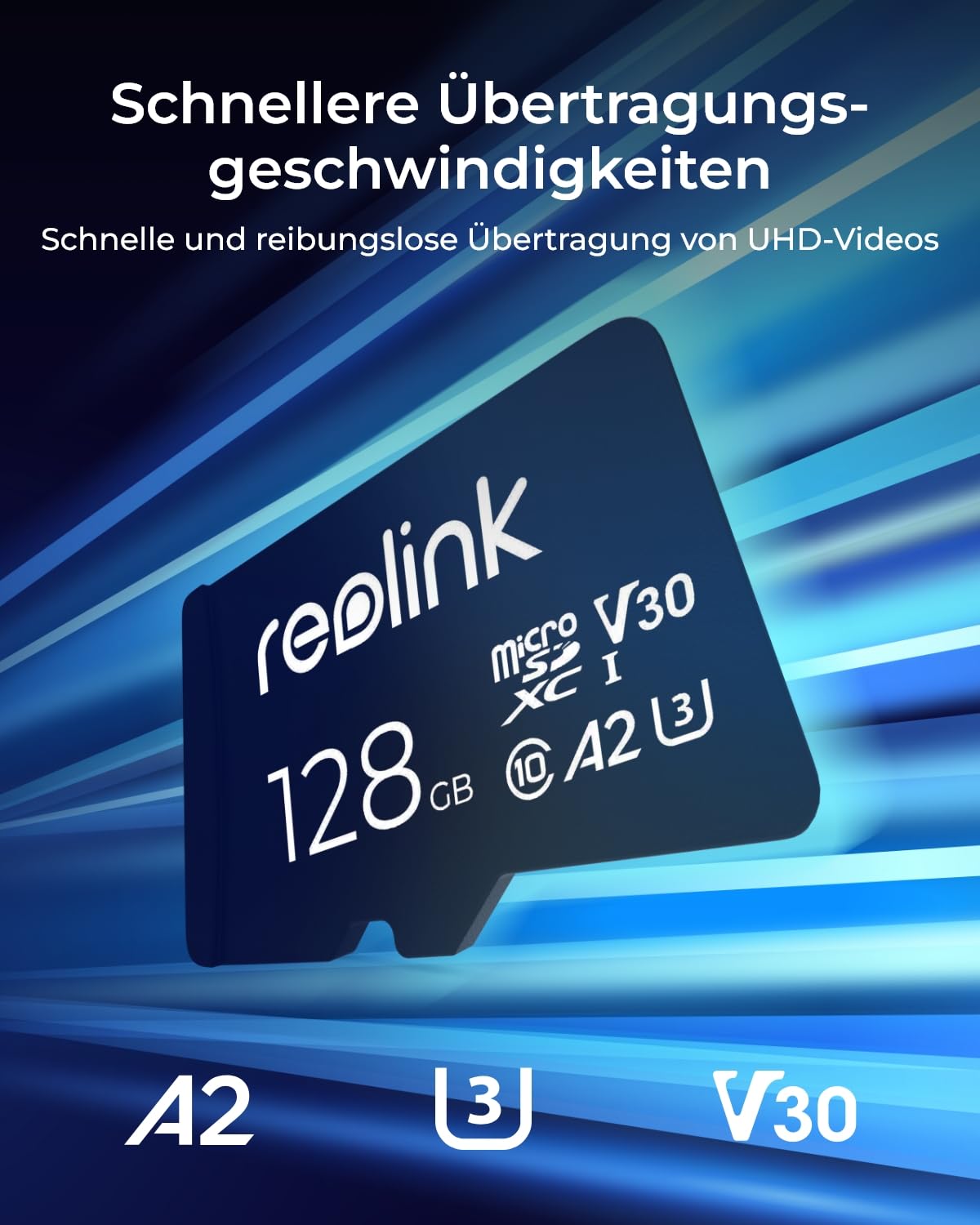 Reolink 128GB microSDXC memory card, Class 10, A2, V30, U3 TF card, compatible with surveillance camera, also for smartphone, action camera or drones, up to 100MB/s