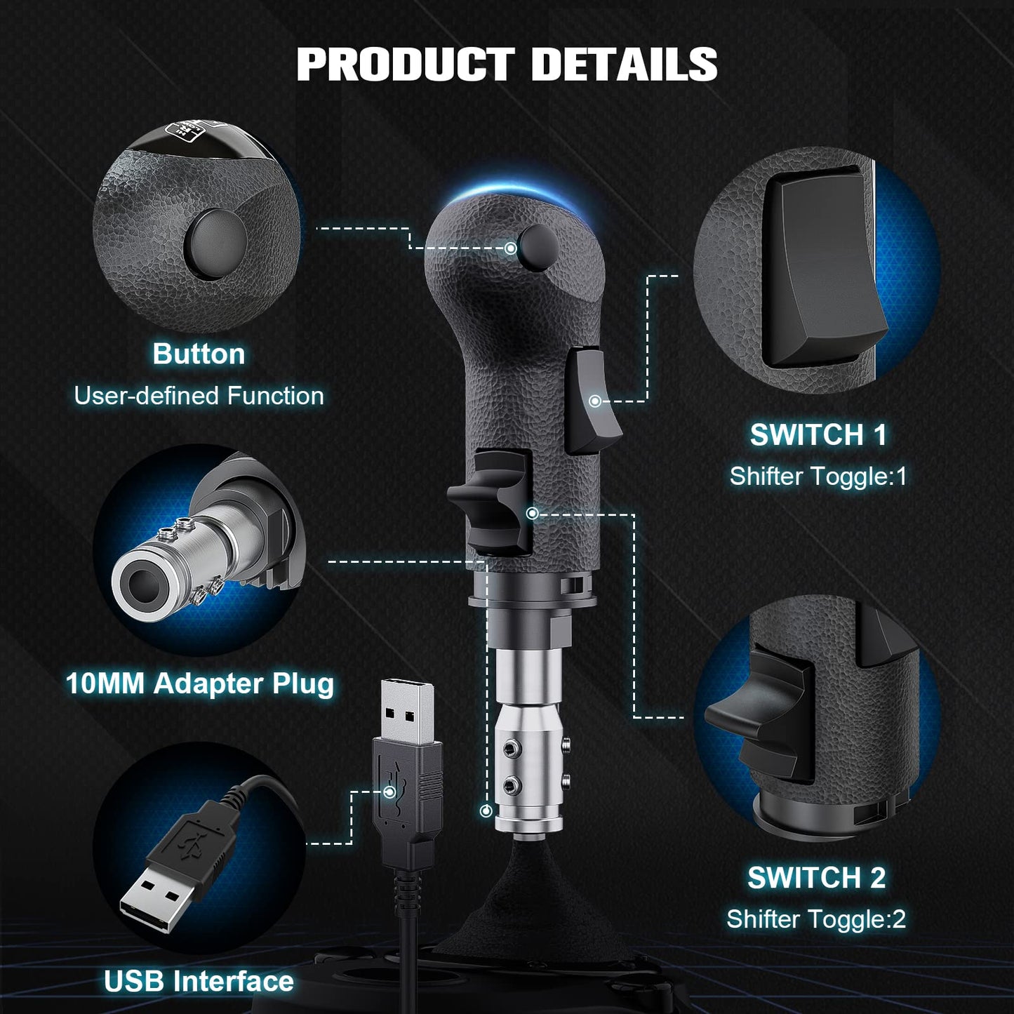 Aikeec USB Shifter Knob, 18 speed gear shift knob for Euro Truck Simulator 2 ATS ETS2, Truck Driver gear shift knob for Logitech G29 G27 G25 G920 G923 THRUST MASTER TH8A - Black