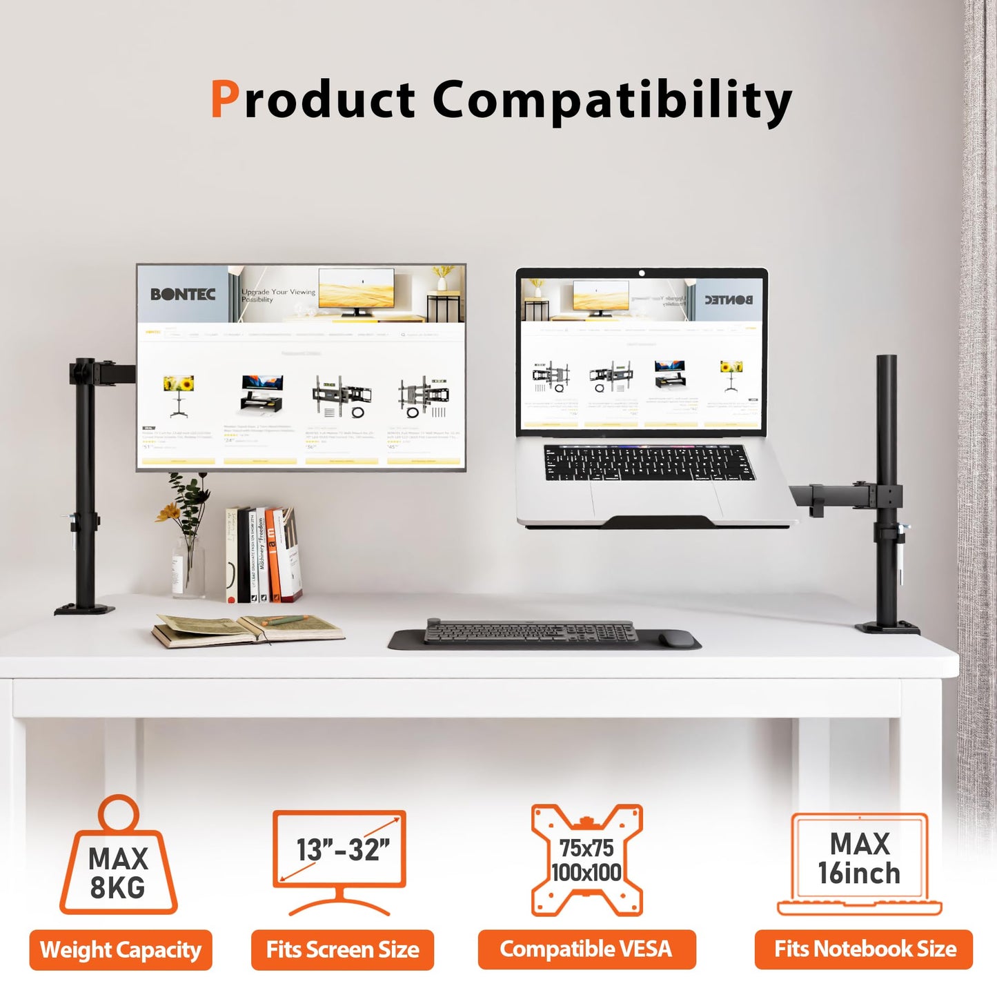 Redbat monitor arm with ventilated laptop tray, fully adjustable for 13 to 32 inch LCD LED screen & up to 16 inch notebook, 2 mounting options, tilt, swivel & rotate