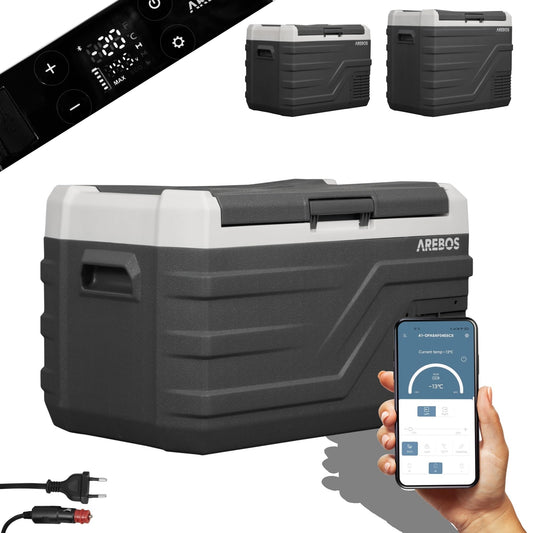 Arebos Compressor Cooler Box 26 Liter | Electric Freezer Box with APP & Smart Control | Portable Cooler with USB Port | up to -20°C | 12/24 V 230V | for Car, Truck, Camping, Boat, RV