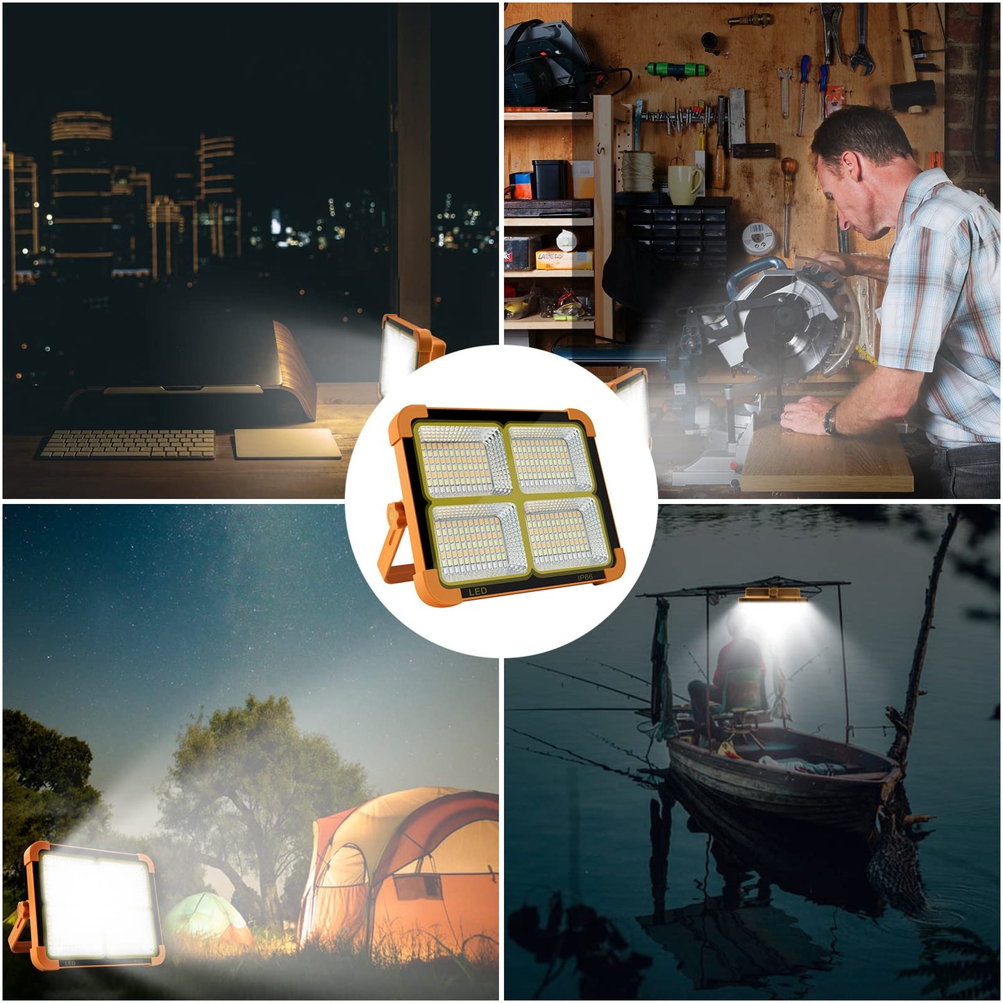 CosyEasy 100W LED construction spotlight solar rechargeable, battery work light portable camping lamp with 16500mAh power bank, 10000 lumens for construction site garage workshop for fishing emergency construction site garage.