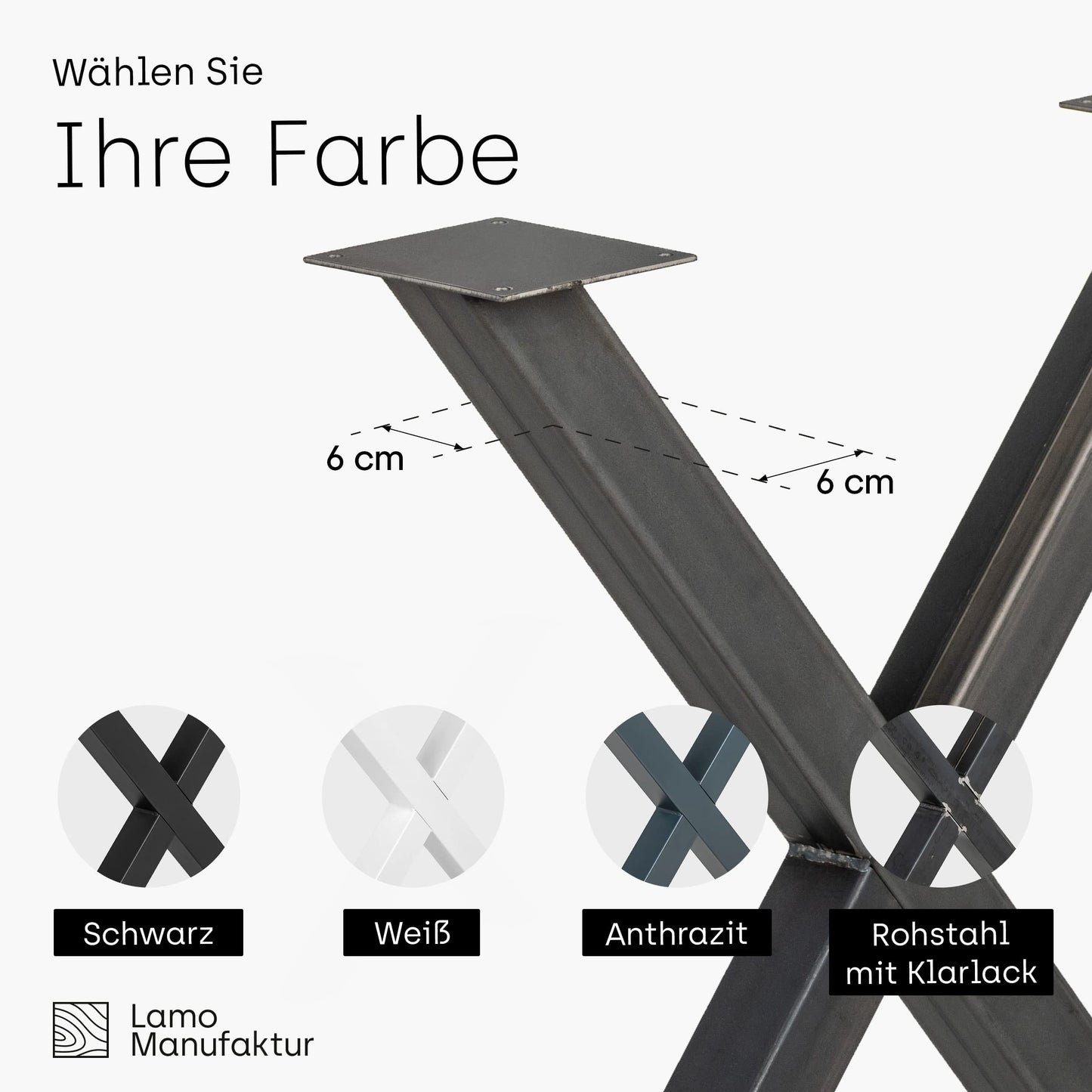 LAMO Manufacturer Table Legs for Dining Table | Desk, Light Mark | Square profile 60x60 mm, Table frame 60x72 cm (WxH), Raw steel with clear lacquer | 2 pieces, LTS-03-G-CC-0000