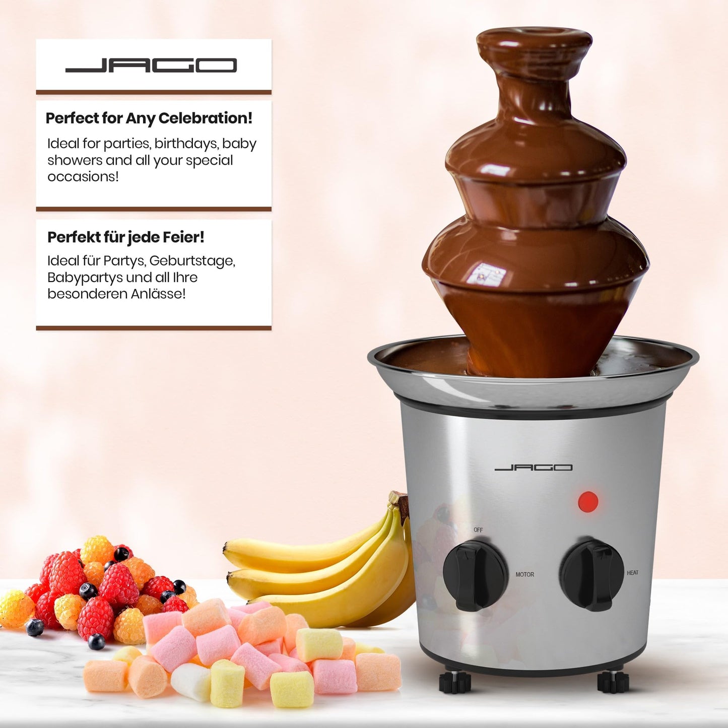 Jago® Chocolate Fountain 275W - 3 tiers, Max. Capacity 1 kg chocolate, Stainless steel, Dishwasher safe, Silver - Chocolate fountain, Chocolate fondue, Chocolate fondue, Chocolate fountain