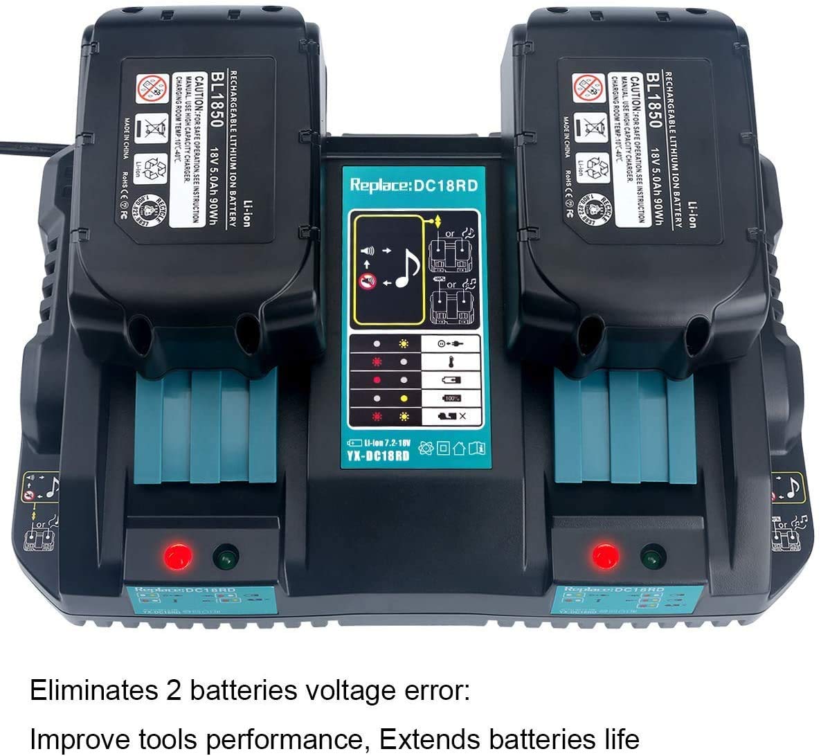 2 pieces 18V 5Ah BL1850 battery & charger DC18RD 2-port dual fast charger for Makita BL1830 BL1840 BL1850 BL1860 196933-6, radio DMR100, DMR101, DMR102, DMR103B, DMR104, DMR105, DMR108