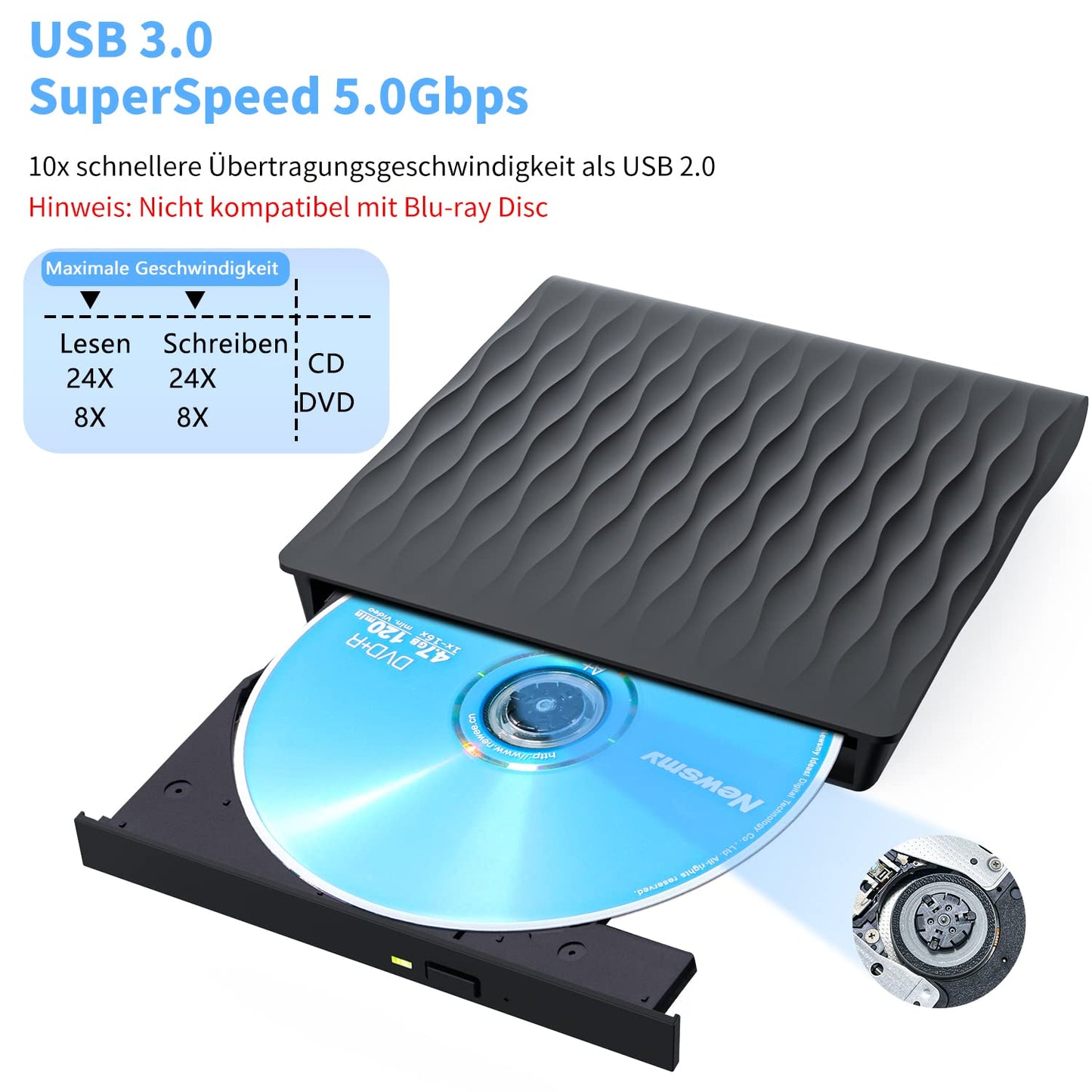LPUNCD External DVD CD Drive External USB 3.0 & Type-C, 2025 Upgrade External DVD Drive for Laptop External CD/DVD Burner +/-RW for Desktop, Compatible with Windows 11/10/XP/8/7/Vista/Linux/MacOS