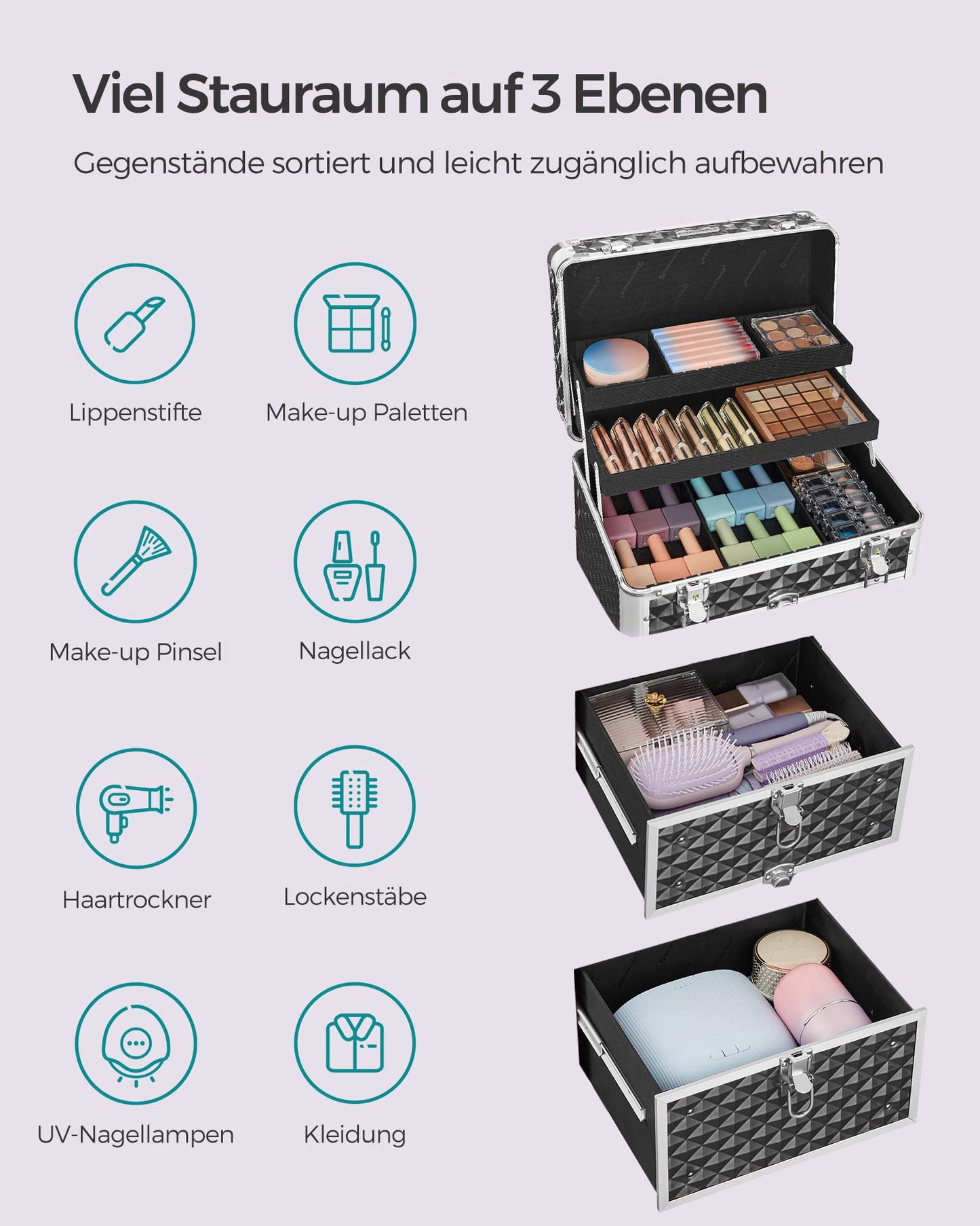 SONGMICS Cosmetic Case Trolley, Makeup Case with 2 Drawers, Large Hairstylist Case, Makeup Case, 34 x 24 x 56 cm, 360° Rotating Wheels, Travel, Hairstylists, Gift Idea, Black JHZ08BK.