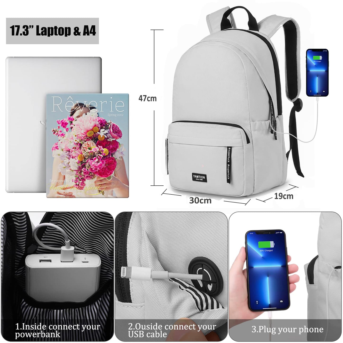 YAMTION School Backpack for Teenage Boys & Girls, fits 17.3 Inch Laptop, Backpack for Women, Men City Backpack for University, Travel, Leisure