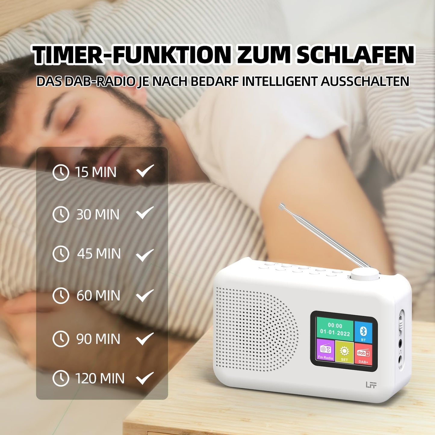 LFF DAB radio, DAB Plus radio, FM digital radio, kitchen radio with cable or battery operation, color display radio with Bluetooth.