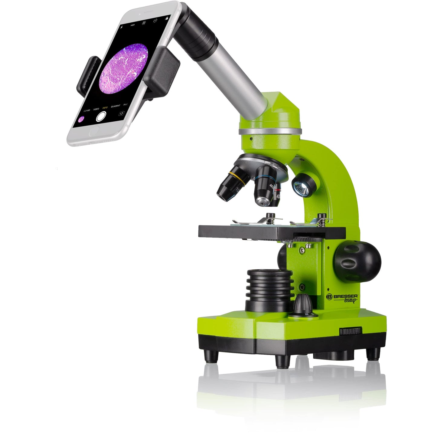 Bresser Junior Student Microscope BIOLUX SEL with smartphone holder, extensive accessories, and Barlow zoom system for children, beginners, and adults, green.