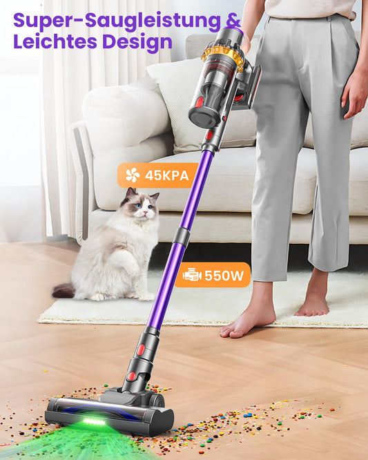 45000Pa battery-powered vacuum cleaner, 550W/70min ultra-quiet cordless vacuum with LED display, improved V-shaped anti-tangle floor brush, 6-in-1 vacuum for pet hair, carpet, hard floors.