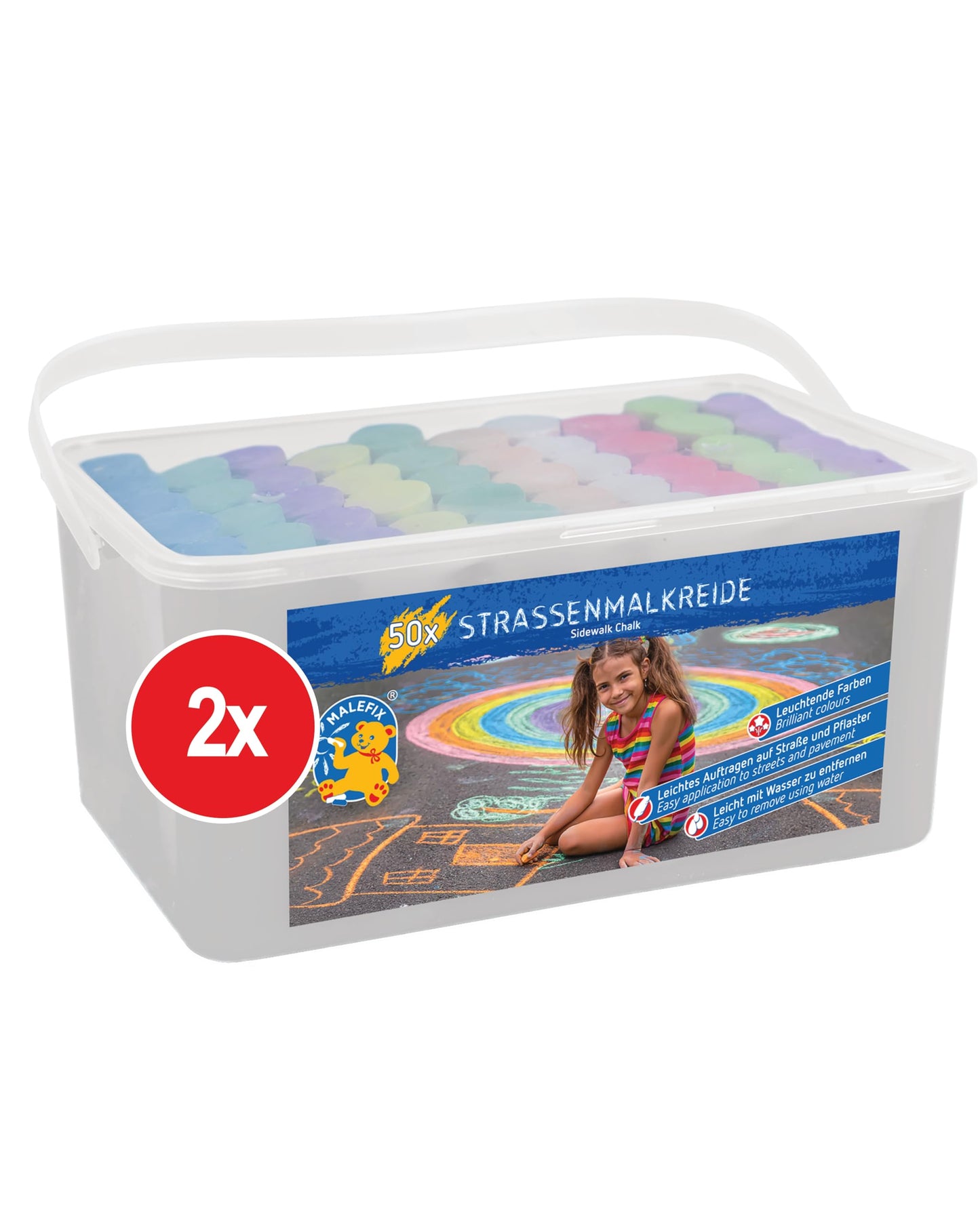 PUSTEFIX MALEFIX Sidewalk Chalk 2 x 50 pieces I Vibrant sidewalk chalk colors, easy to apply I Easily removable with water I For kids & adults