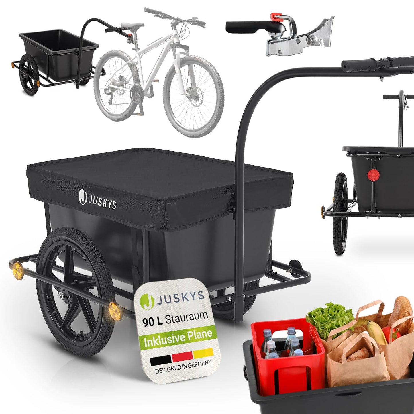 Juskys Bike Trailer 90 liters - Cargo trailer with hitch, drawbar - Trailer for bicycle 40/80 kg payload - Transport trailer with protective cover.