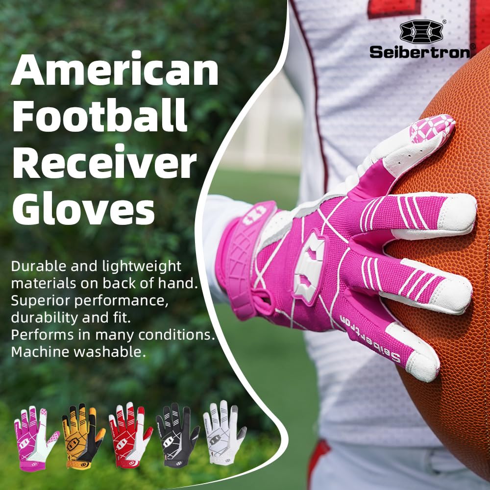 Seibertron Pro 3.0 Elite Ultra-Stick Sports Receiver Gloves American Football Gloves Youth and Adult Pink XS
