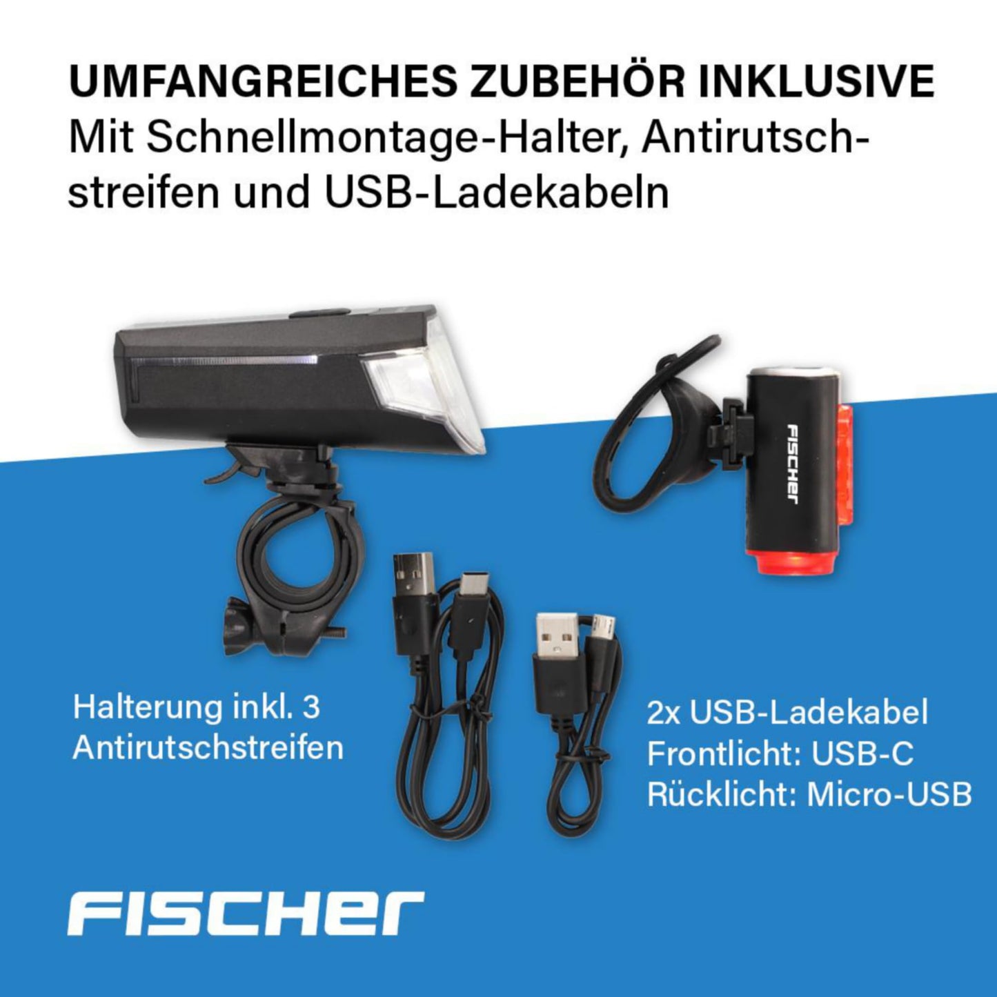 Fishing bicycle lighting set 80/40/20 lux, rechargeable light set Twin, front and 360° rear light, with battery and USB charging function, 3 lighting modes, splash protection according to IP44, approved by StVZO.