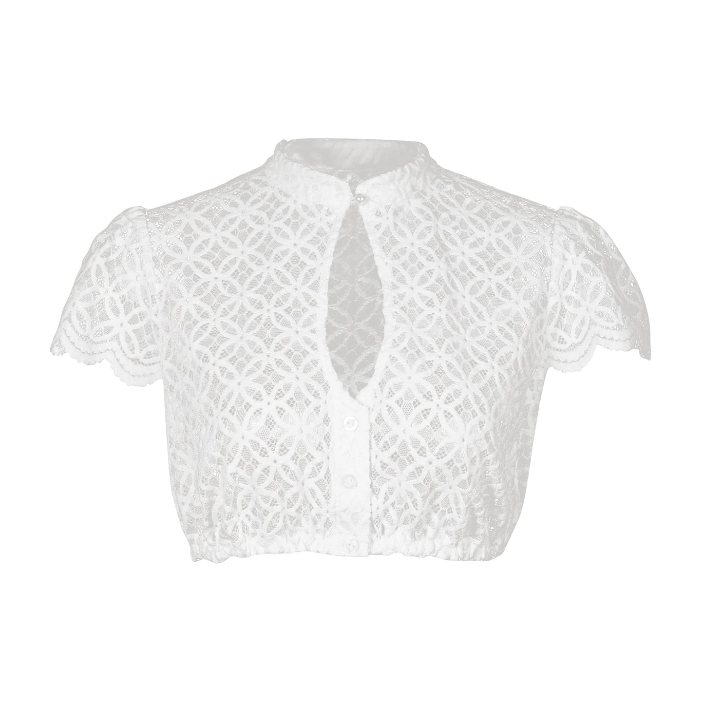 Dirndl party blouse with buttons, traditional white blouse for women with lace and short sleeves. Elastic cream dirndl blouse with button closure for Oktoberfest, size 36.
