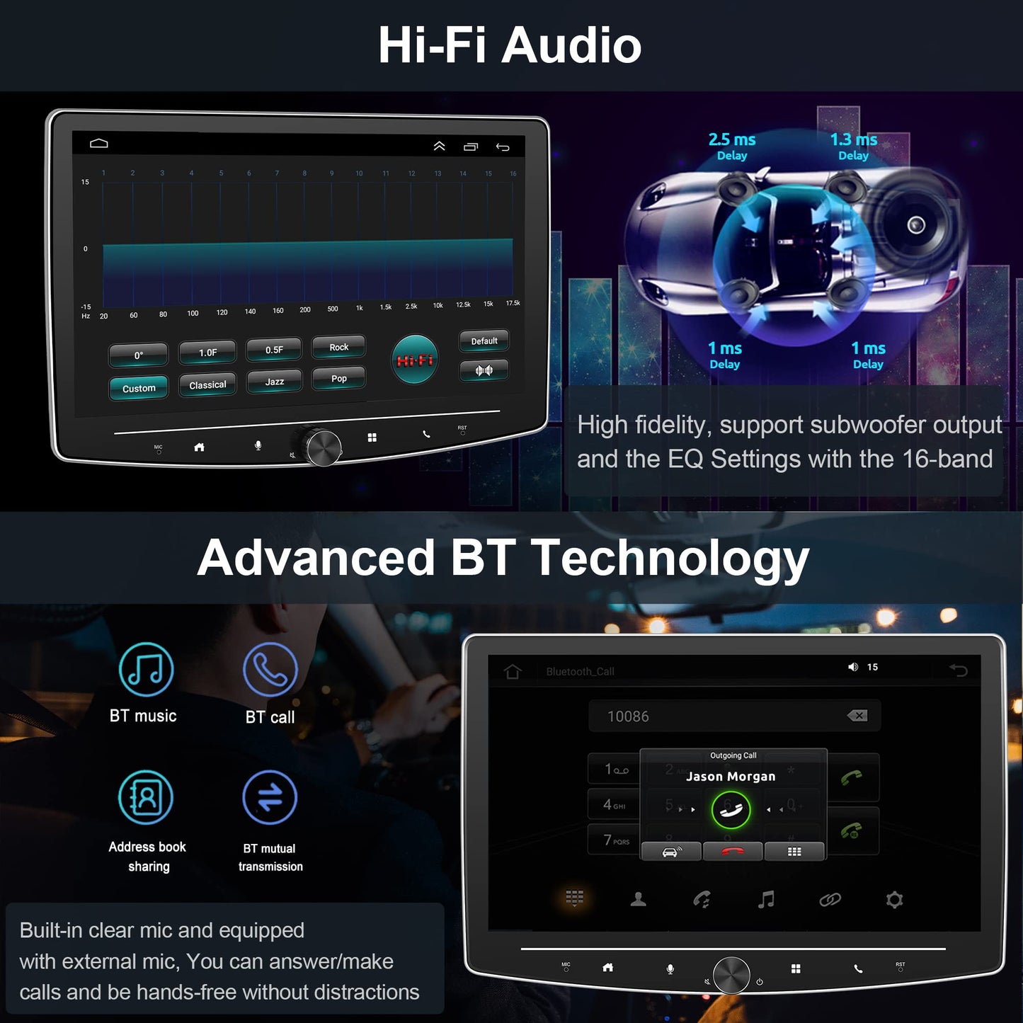 2+32G, 10" Car Radio Bluetooth 1 Din Wireless Carplay Android Auto with Navigation Swing Touchscreen Physical Button, Podofo Android FM RDS Radio HI-FI Sound with Dual USB MIC with Rearview Camera AHD