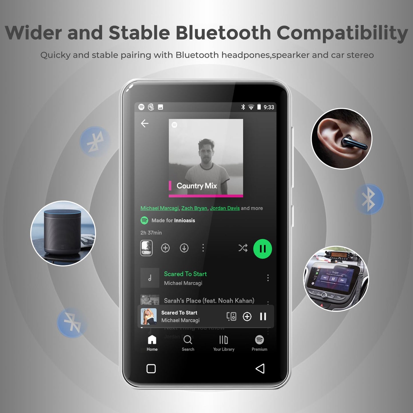 MP3 player with Bluetooth Spotify, Amazon Music, Audible, Apple Music, 4-inch touchscreen, Android streaming music player for kids Innioasis White