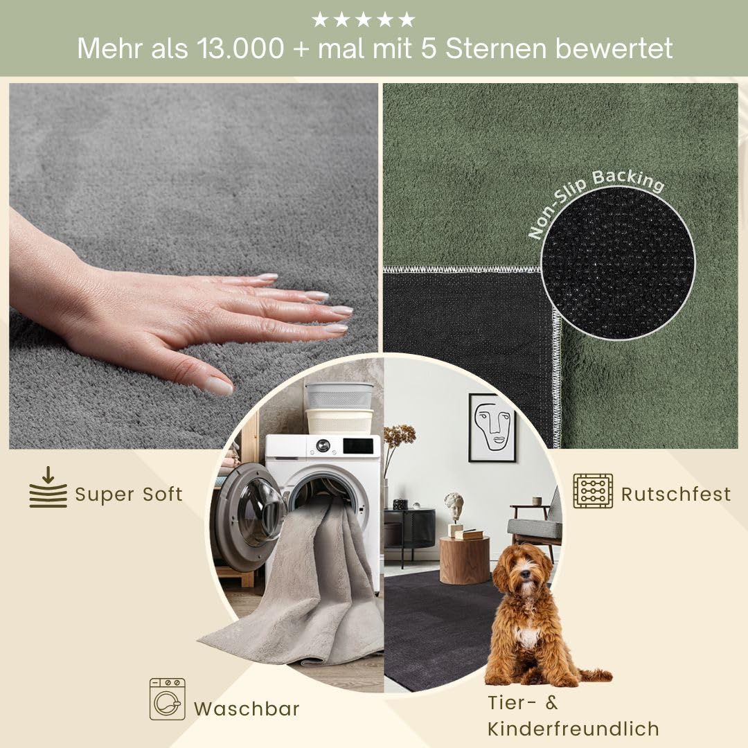 The carpet Relax Modern Fluffy Short Pile Rug, Anti-Slip Bottom, Washable up to 30 degrees, Super Soft, Fur Look, Black, 200 x 290 cm