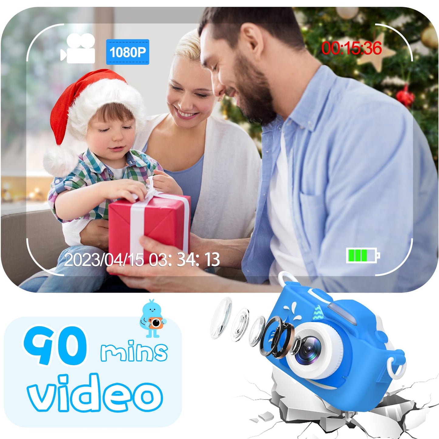 Kriogor Kids Camera, Digital Camera for Selfies and Videos with 16MP/Dual Lens/2" Screen/1080P HD/32G TF Card/9x Digital Zoom. Perfect birthday gift for kids.