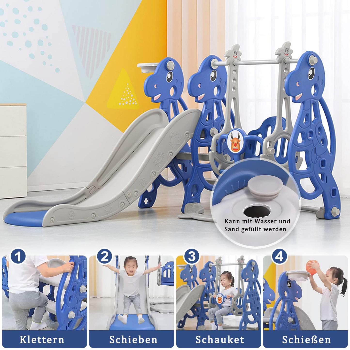 Kids slide 4-in-1 playground with basketball hoop, extra long slide, swing, easy to assemble baby slide for indoor and outdoor use, backyard (175x40x105cm)