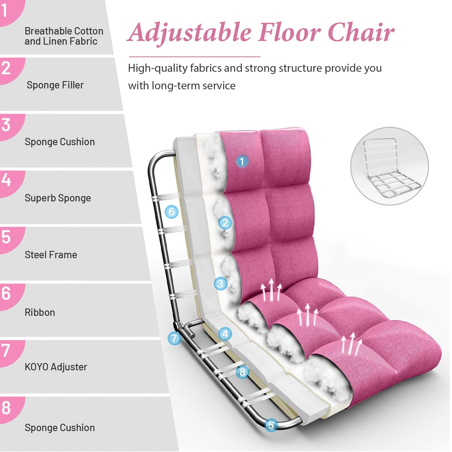 HOMASIS floor chair padded, floor armchair with Adjustable Backrest in 14 positions, reading chair meditation chair foldable for living room, study, office (linen, pink)