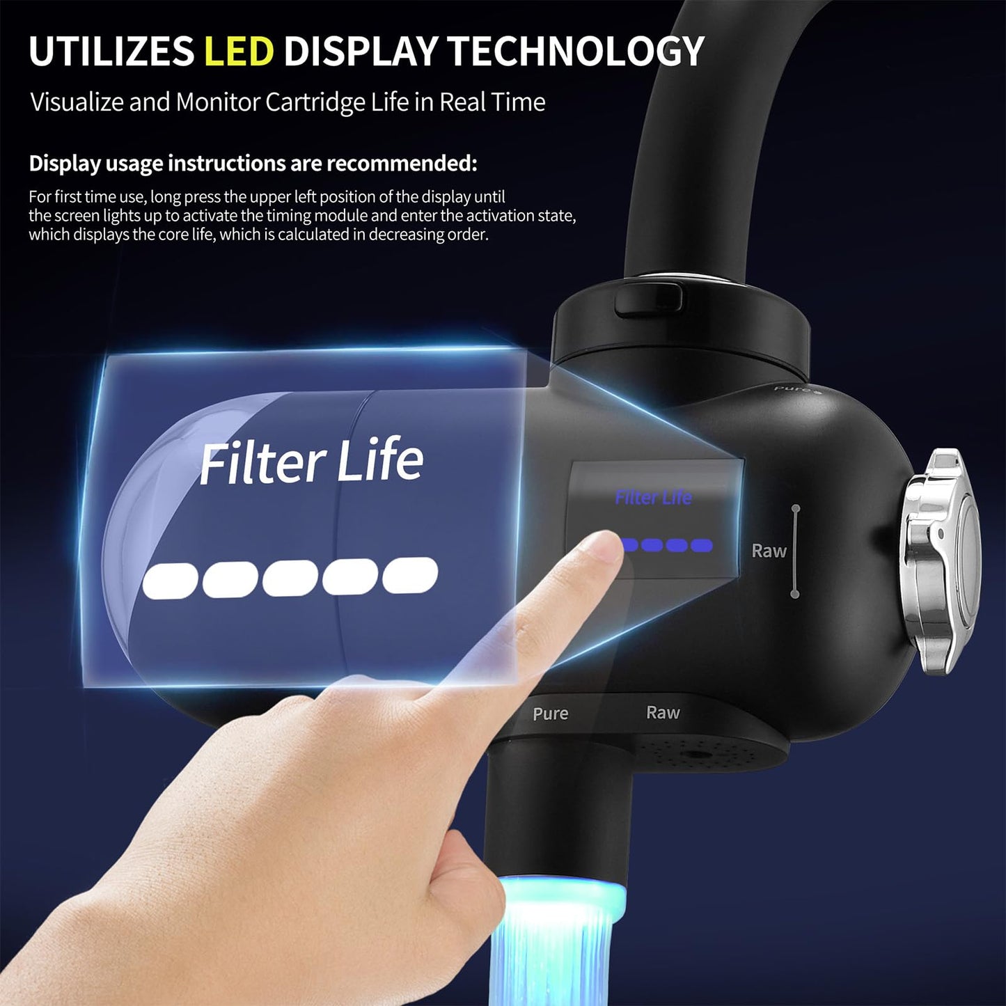 HOMELODY water filter faucet 3.0 with LED display, drinking water filter for kitchen, removes chlorine, heavy metals, and bad taste, 12x adapter filters with blue light (1 filter included)