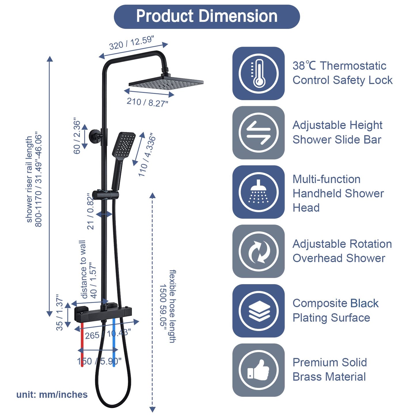Solepearl Black Shower System with Thermostat 38℃, Rain Shower with Thermostat Shower Mixer, Shower Set including 21 cm Head Shower, 3 Functions Hand Shower, Stainless Steel Adjustable Shower Bar