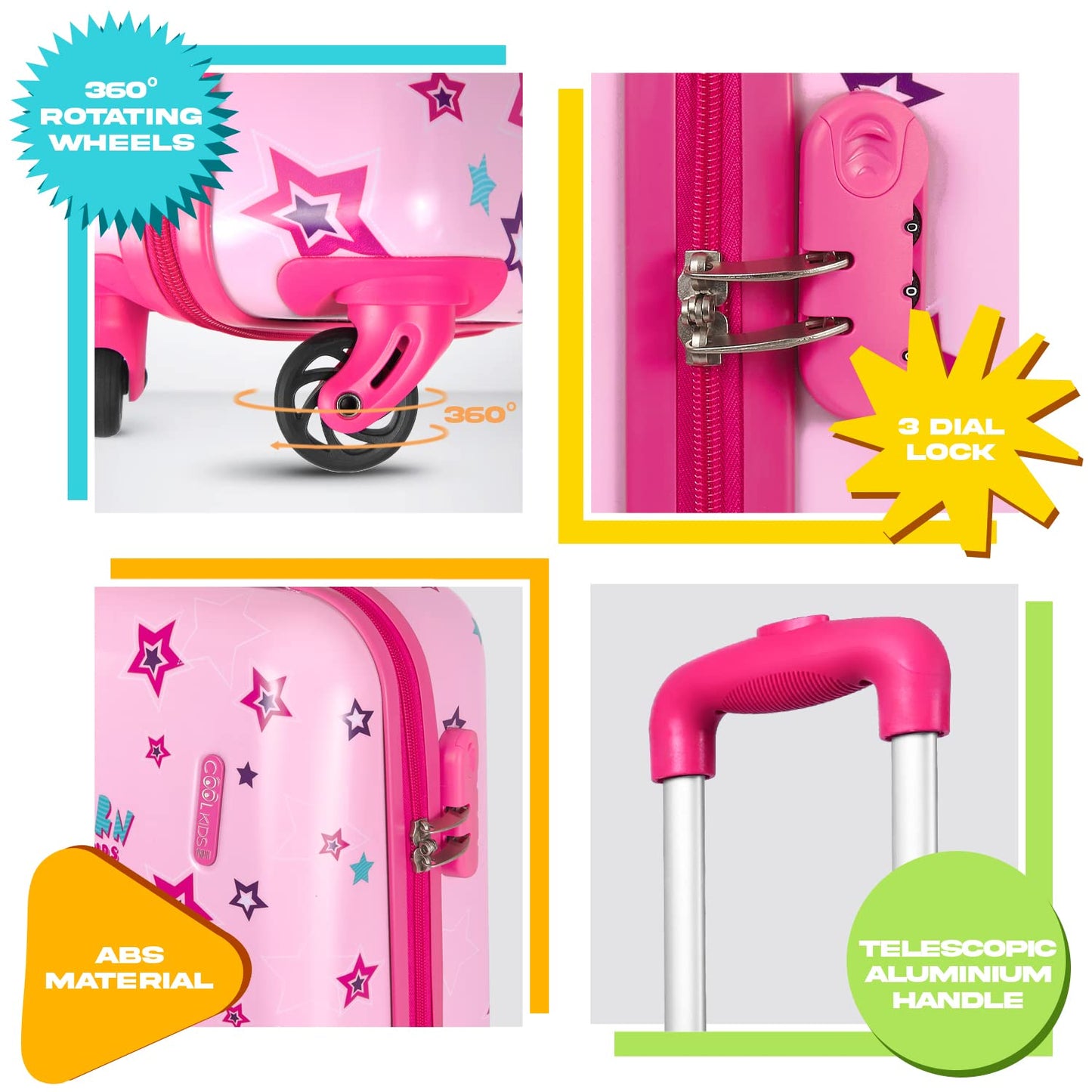 PERLETTI Unicorn Kids Suitcase Pink - Kids Trolley Carry-On Lightweight 4 Wheels and Combination Lock - Hard Shell Cabin Trolley for Girls - Travel Luggage Lufthansa Ryanair 51x35x20 cm (Unicorn Pink, XS)