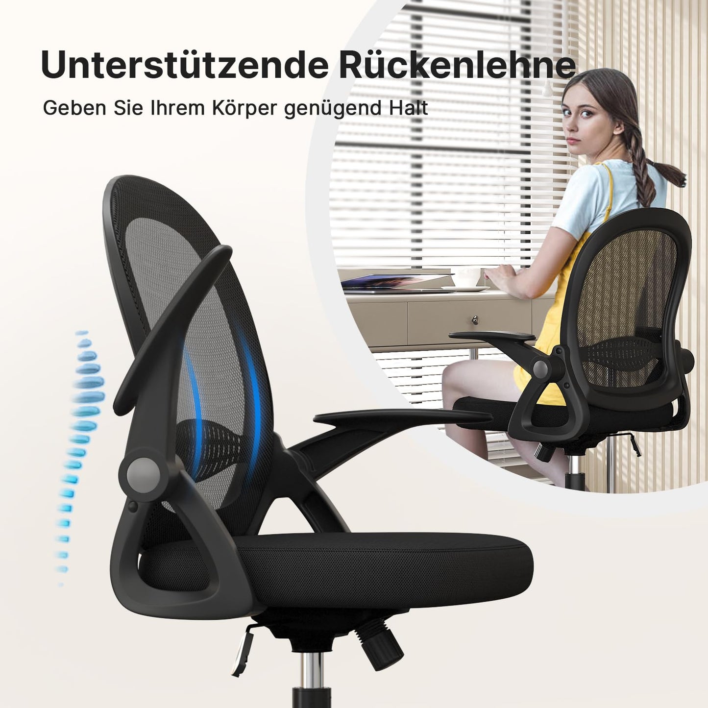 naspaluro office chair, Ergonomic desk chair with breathable mesh backrest, Foldable armrests, Height adjustable, Computer chair, Lightweight chair, 360° swivel chair, Black