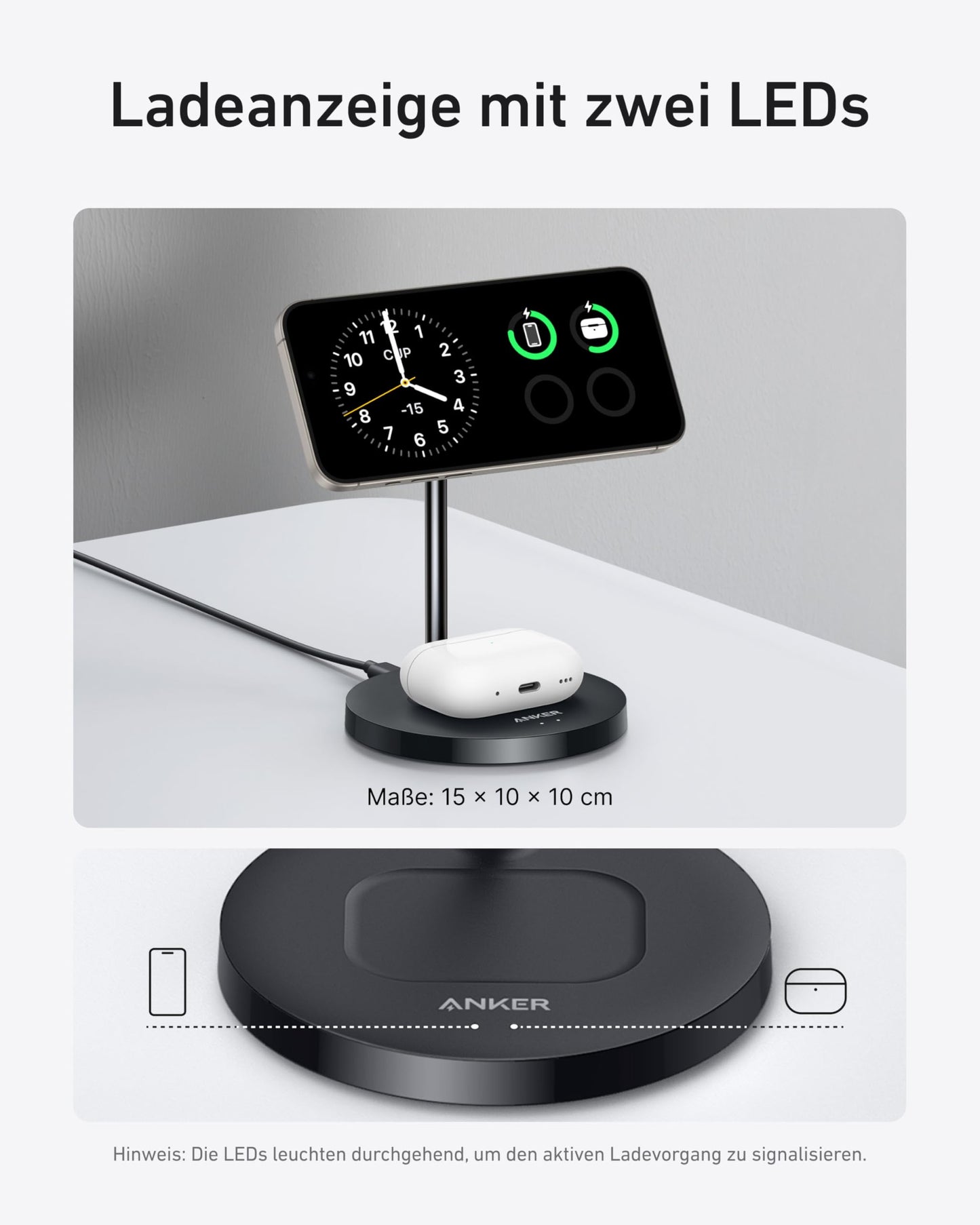 Anchor MagGo 15W Magsafe charger compatible, 2-in-1 inductive charging station, Qi2 wireless charger for iPhone 16/15/14/13/12, AirPods Pro, with 1.5m USB C cable, without power adapter.