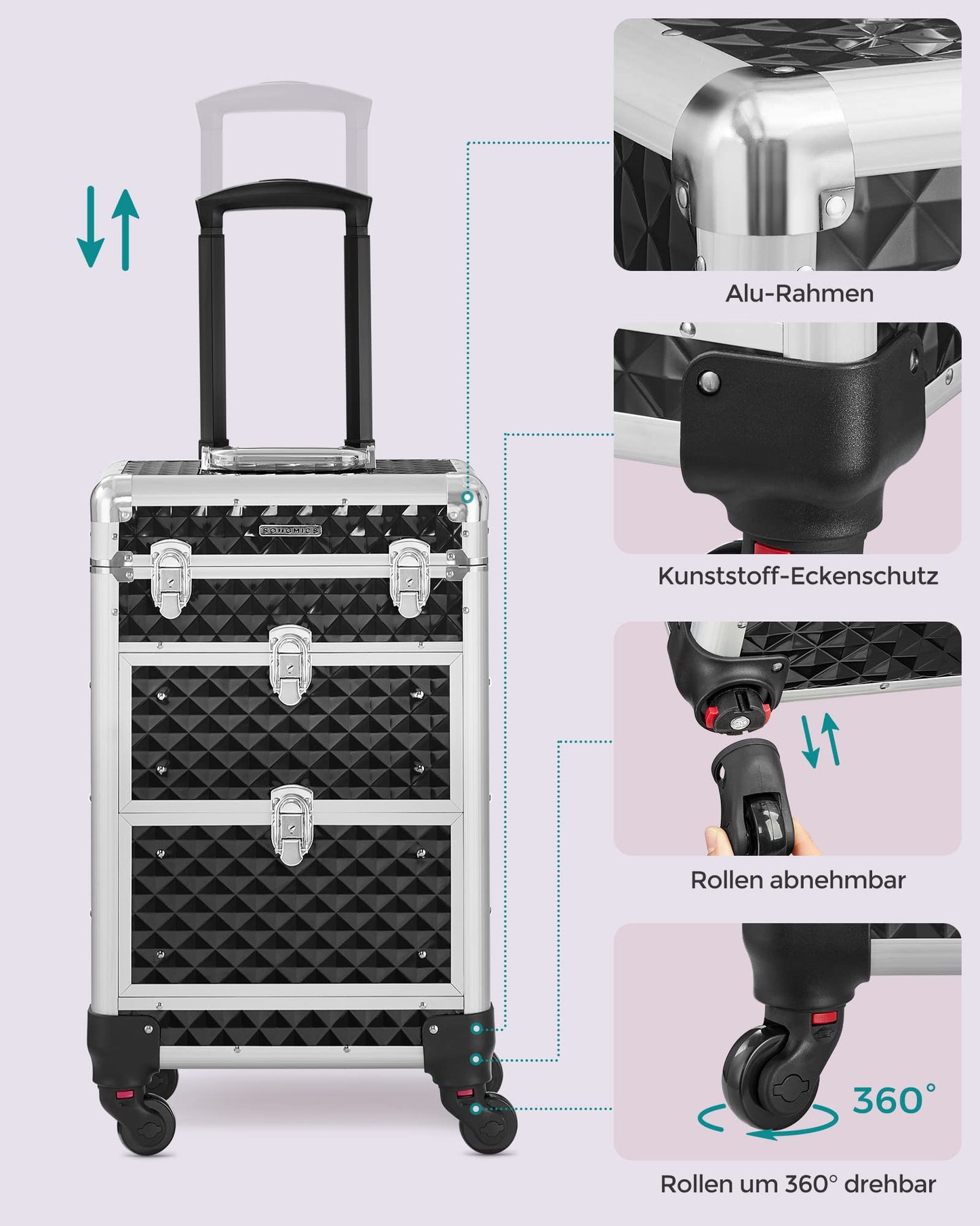 SONGMICS Cosmetic Case Trolley, Makeup Case with 2 Drawers, Large Hairstylist Case, Makeup Case, 34 x 24 x 56 cm, 360° Rotating Wheels, Travel, Hairstylists, Gift Idea, Black JHZ08BK.