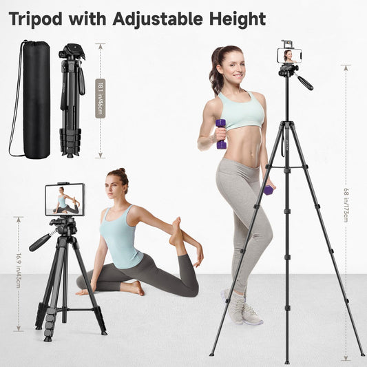 JOILCAN Camera Tripod, 173cm lightweight phone tripod for Smartphone/iPhone/iPad with detachable head, portable aluminum travel tripod with remote control and phone & tablet holder, load capacity 3.6KG