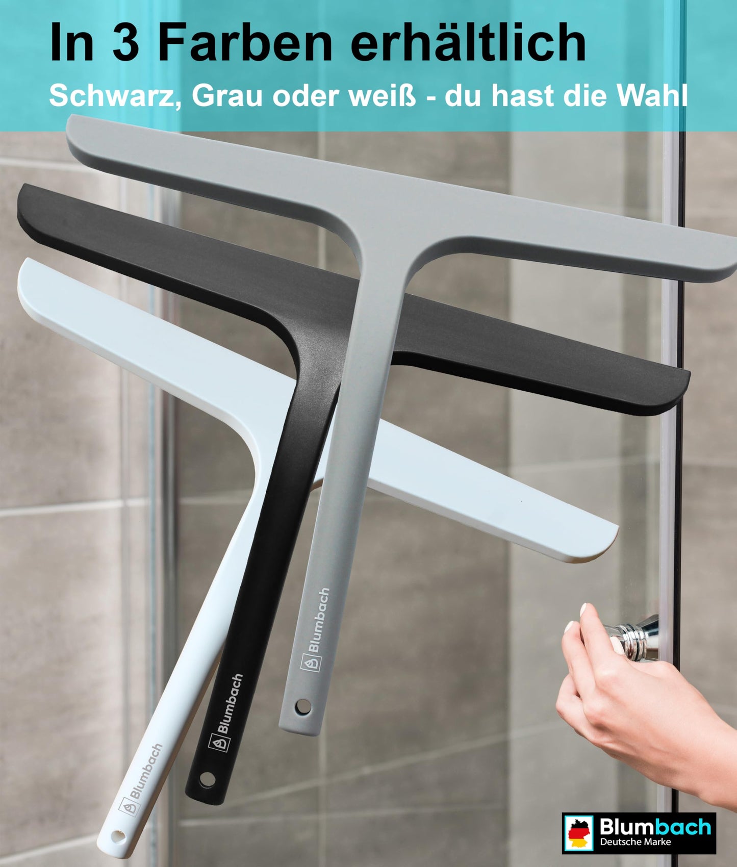 BLUMBACH® Shower Squeegee in grey, 28 cm wide with holder, silicone squeegee with stainless steel core, for shower walls and glass, perfect for wiping off water after a shower.