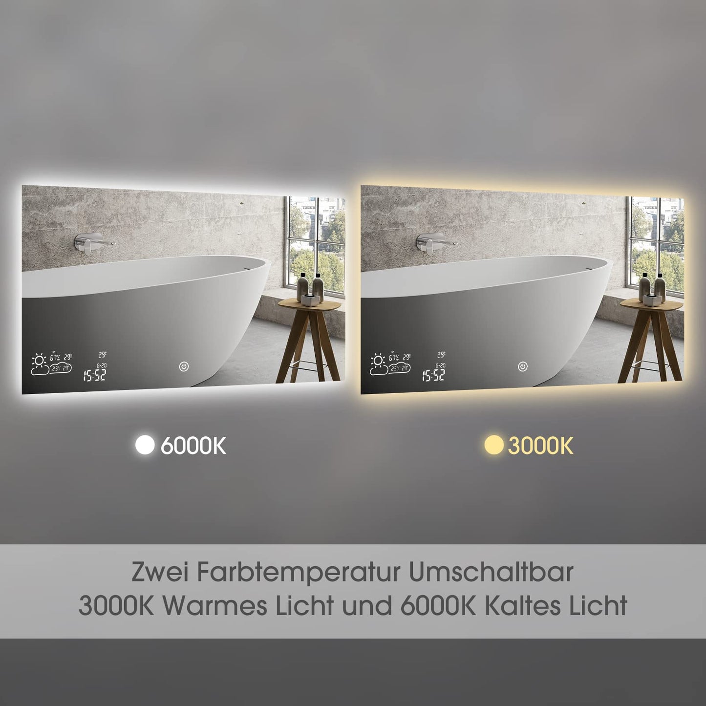 Goodbye cold LED bathroom mirror anti-fog 100x60CM, fog-free bathroom mirror with touch switch, wall mirror light mirror with date, smart mirror & integrated weather station, horizontal.