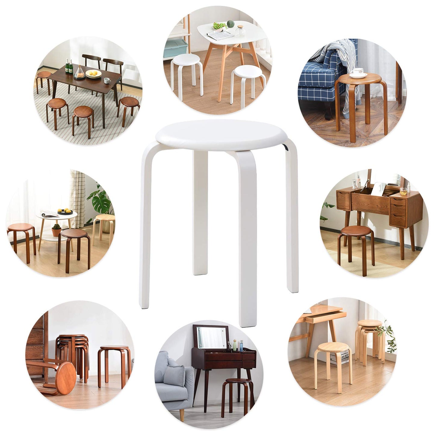 IBUYKE 4-piece dining stool set, wooden stackable chair with non-slip mat, stackable stool for classroom, your kitchen, dining, or home pub area White RF-717-4