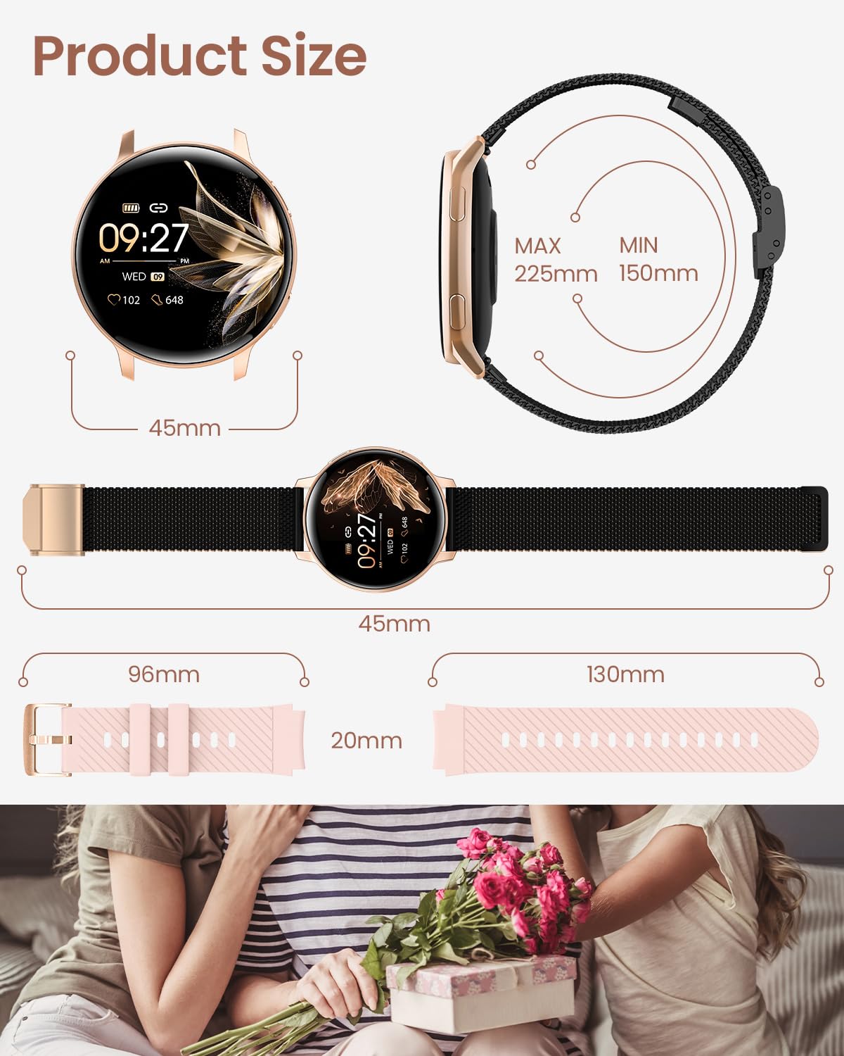 HASAKEI smartwatch for women, 1.39" HD touchscreen round ladies watch with phone function/menstrual cycle, 24H heart rate/SpO2/sleep monitor, waterproof IP68 pedometer Android iOS rose gold black.