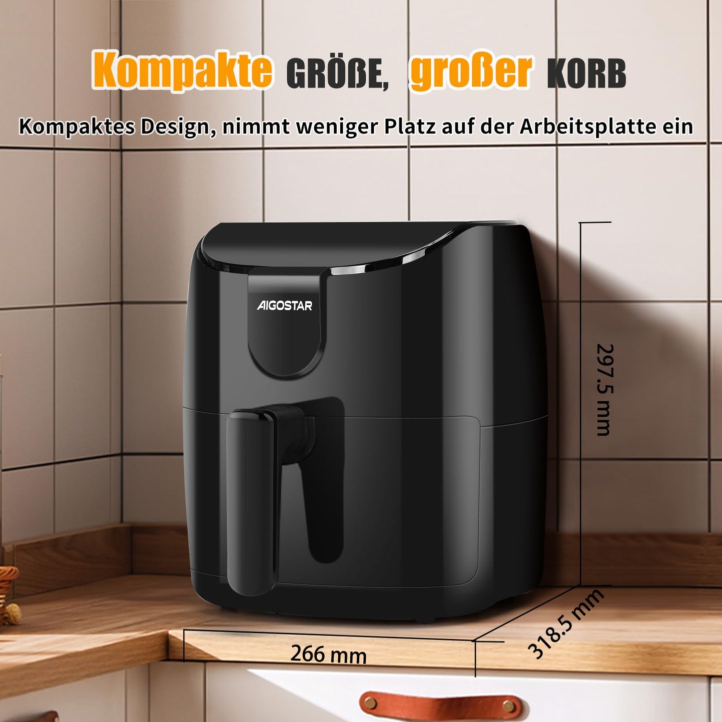 Aigostar Air Fryer 4L, large capacity hot air fryer, oil-free, 8 menu options, LED touchscreen, 1500W, BPA-free.